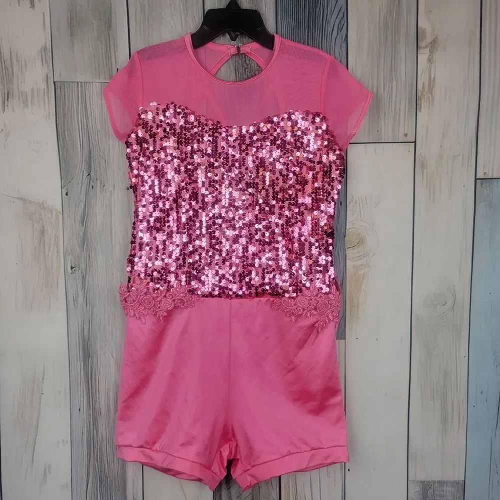 Weisman Pink Sequin Dance Costume Shorts Leotard Size XL